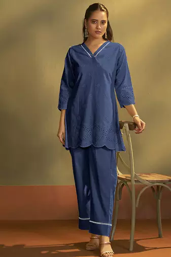 Dark blue embroidered schiffly cotton co-ord set