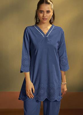Dark blue embroidered schiffly cotton co-ord set 4