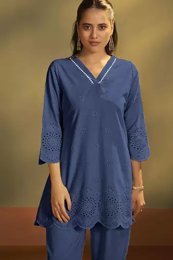 Dark blue embroidered schiffly cotton co-ord set