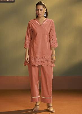 Rust embroidered schiffly cotton co-ord set 1
