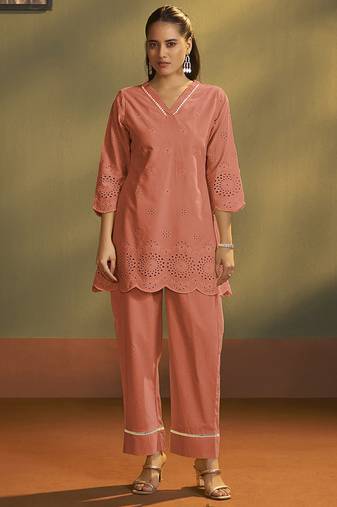 Rust embroidered schiffly cotton co-ord set