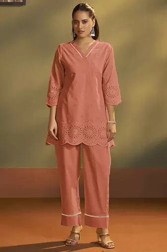 Rust embroidered schiffly cotton co-ord set