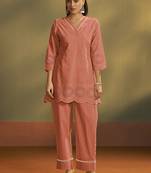 Rust embroidered schiffly cotton co-ord set