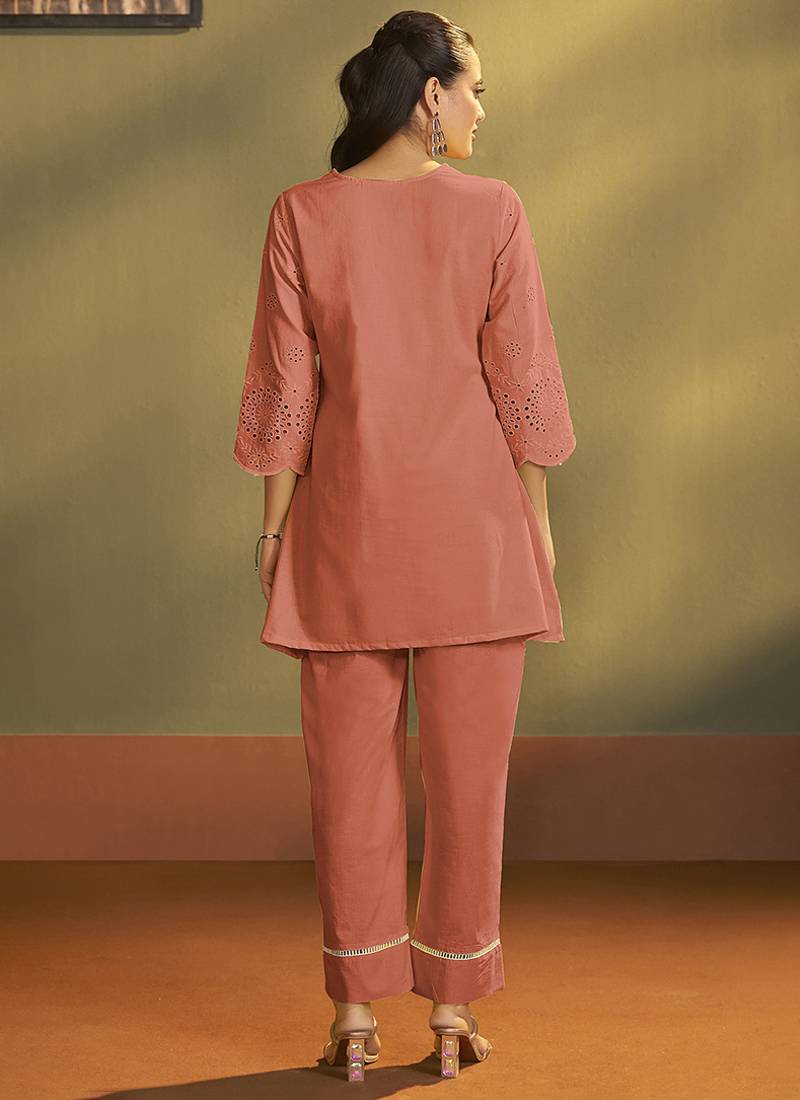 Rust embroidered schiffly cotton co-ord set
