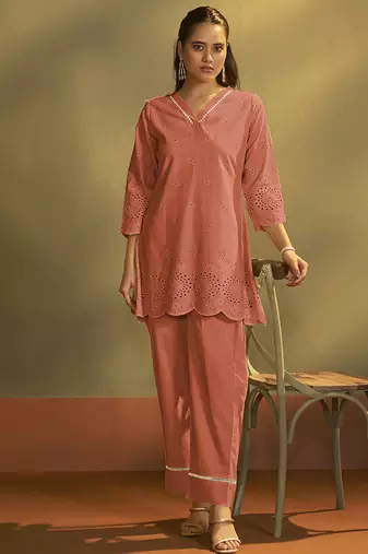 Rust embroidered schiffly cotton co-ord set