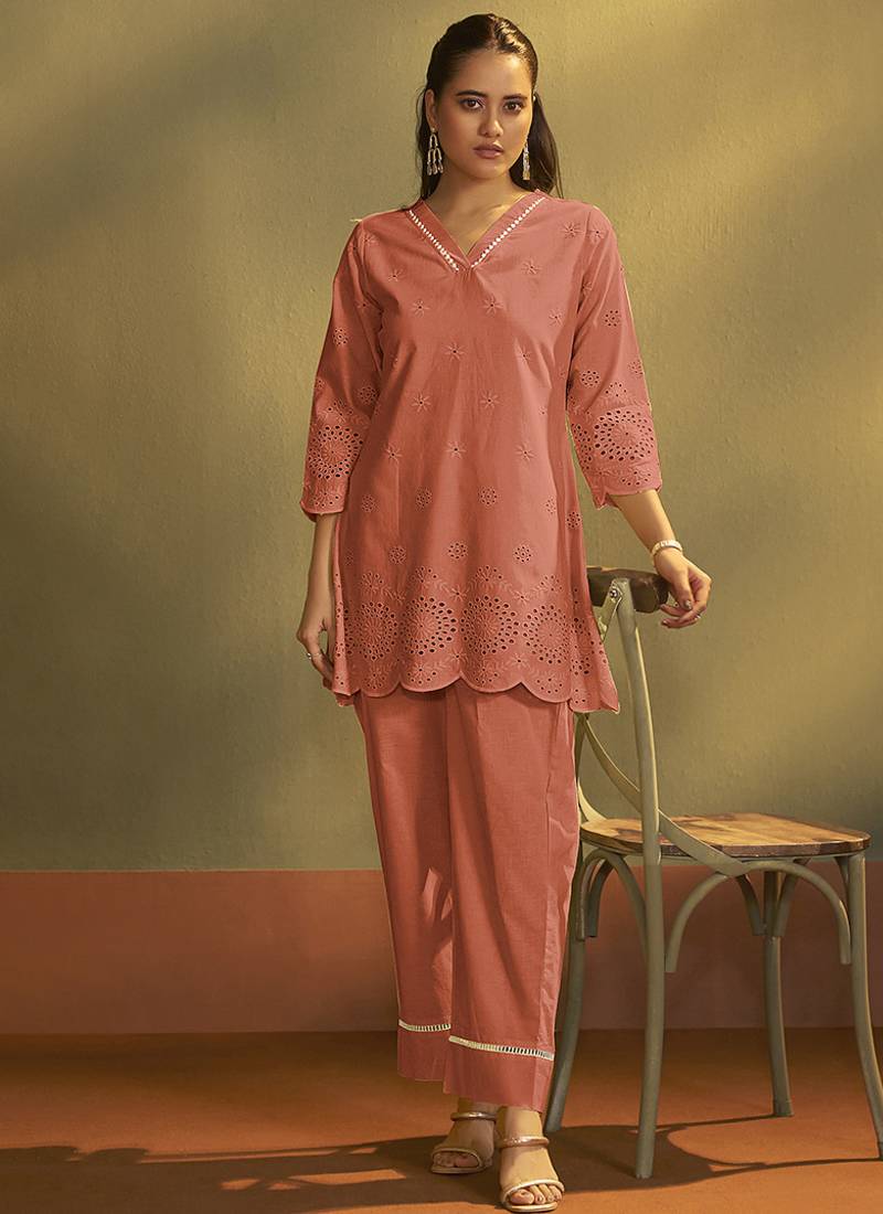 Rust embroidered schiffly cotton co-ord set