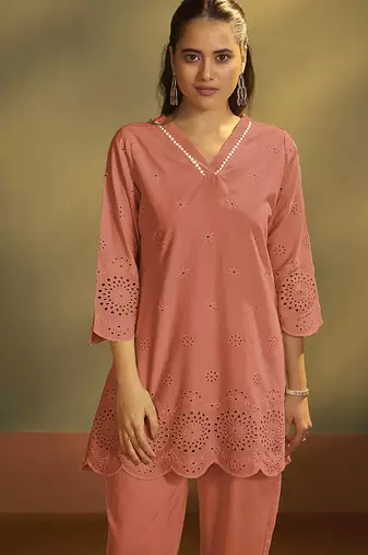 Rust embroidered schiffly cotton co-ord set