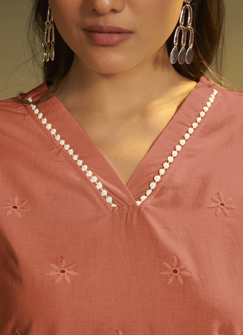 Rust embroidered schiffly cotton co-ord set