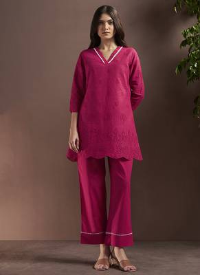Pink embroidered schiffly pure cotton co-ord set 1
