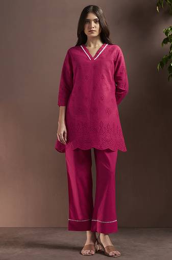 Pink embroidered schiffly pure cotton co-ord set