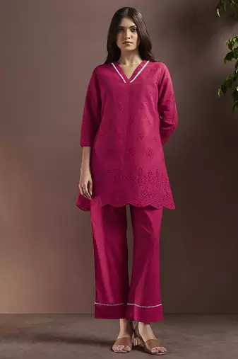 Pink embroidered schiffly pure cotton co-ord set