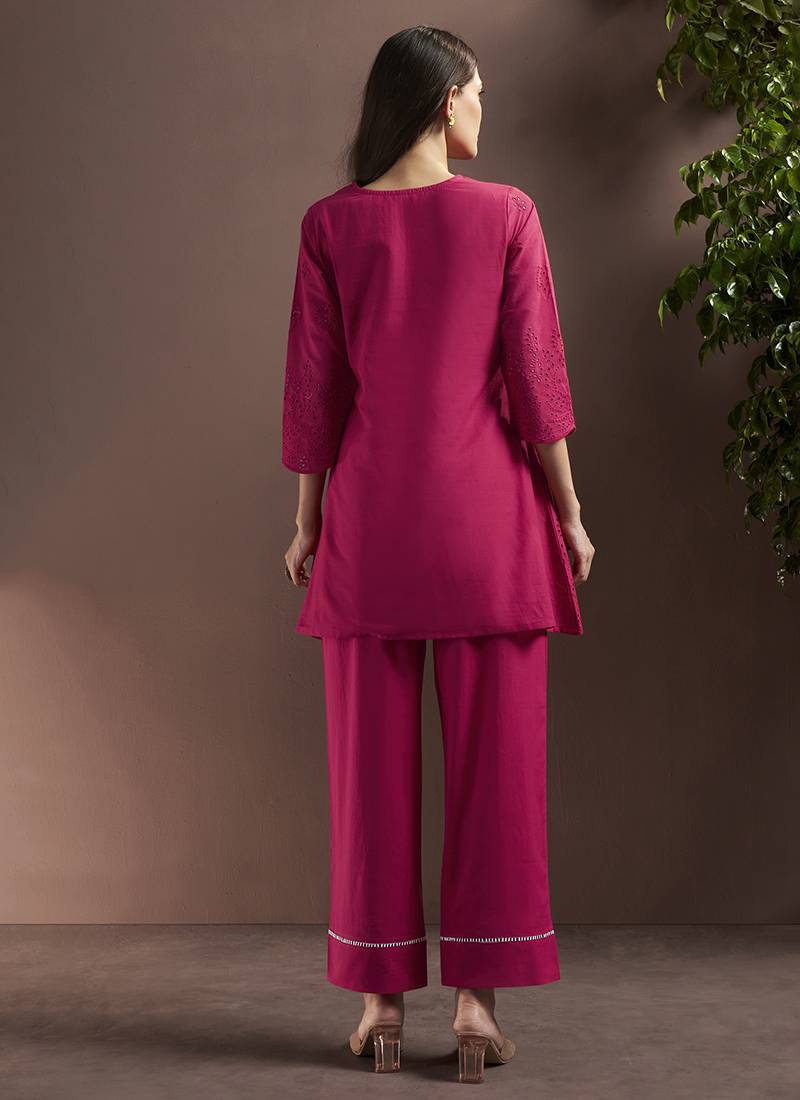 Pink embroidered schiffly pure cotton co-ord set