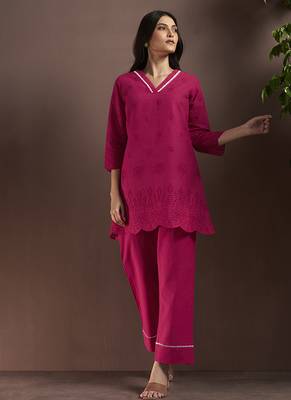 Pink embroidered schiffly pure cotton co-ord set 3