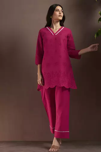 Pink embroidered schiffly pure cotton co-ord set