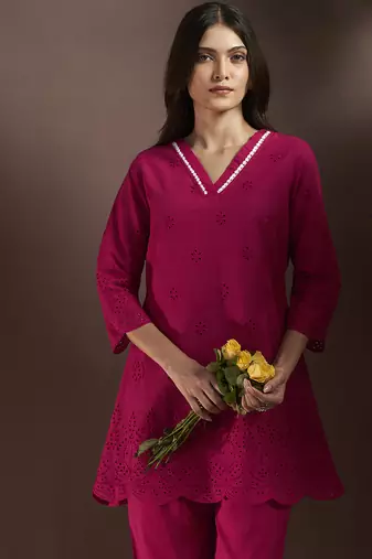 Pink embroidered schiffly pure cotton co-ord set