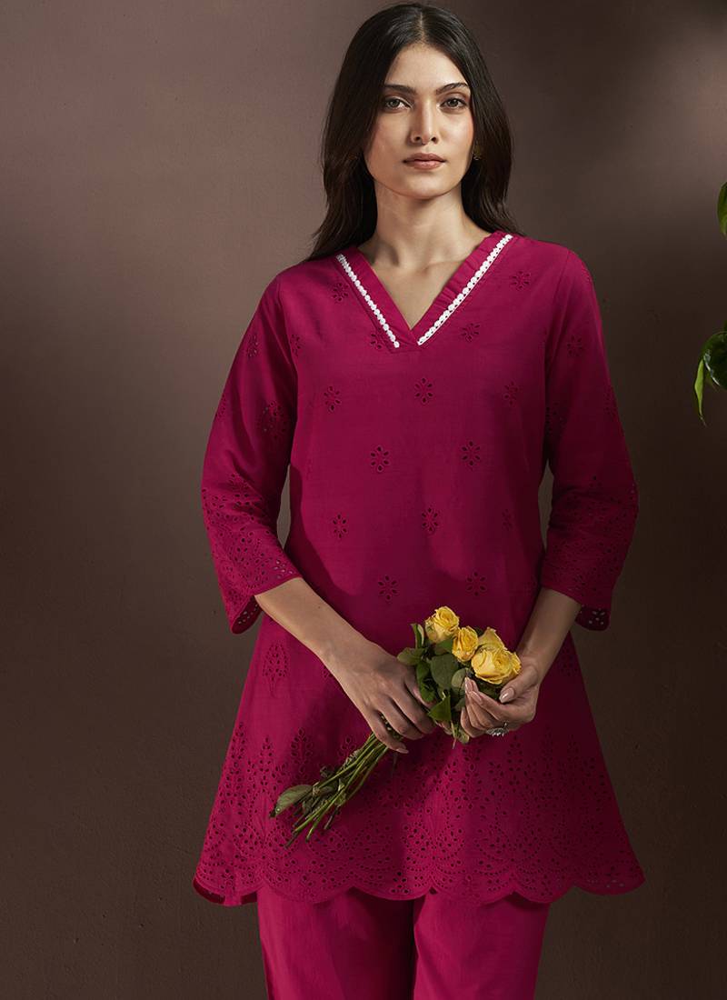 Pink embroidered schiffly pure cotton co-ord set