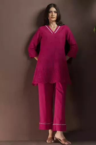 Pink embroidered schiffly pure cotton co-ord set