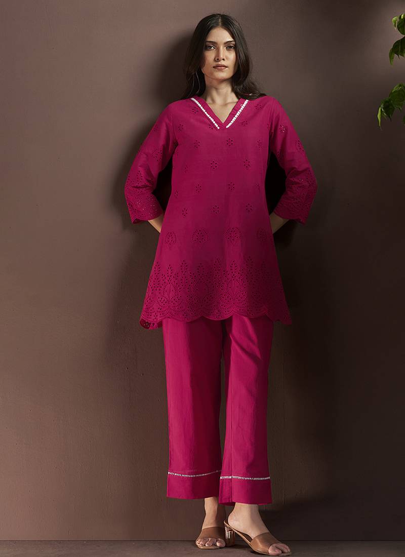 Pink embroidered schiffly pure cotton co-ord set