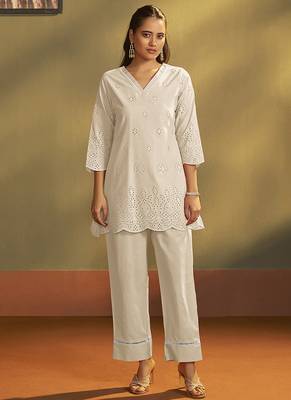 Cream embroidered schiffly cotton co-ord set 1