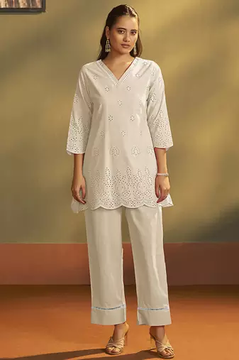 Cream embroidered schiffly cotton co-ord set