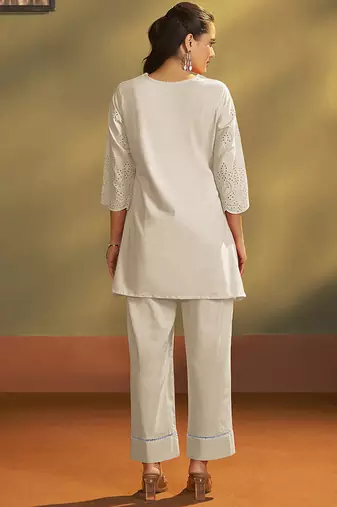 Cream embroidered schiffly cotton co-ord set