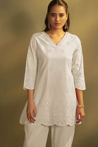 Cream embroidered schiffly cotton co-ord set