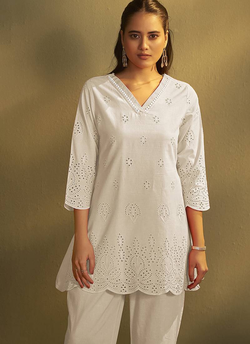 Cream embroidered schiffly cotton co-ord set