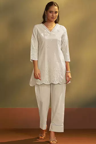 Cream embroidered schiffly cotton co-ord set