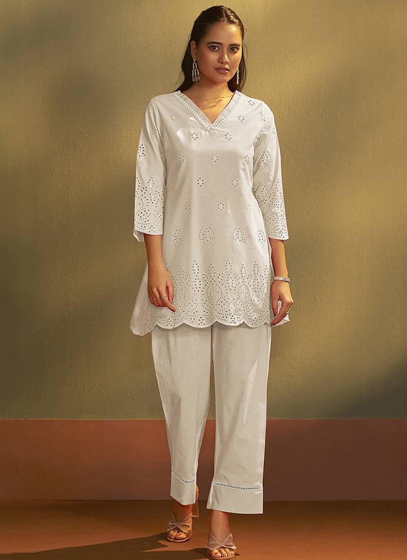 Cream embroidered schiffly cotton co-ord set