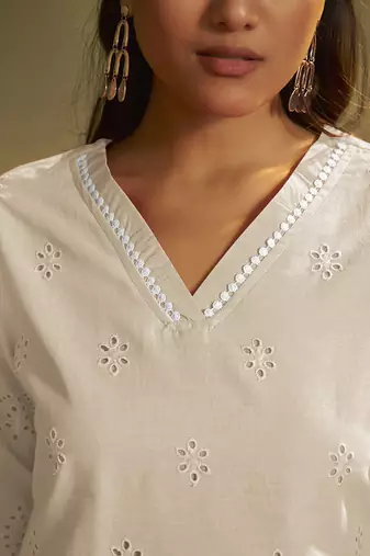 Cream embroidered schiffly cotton co-ord set