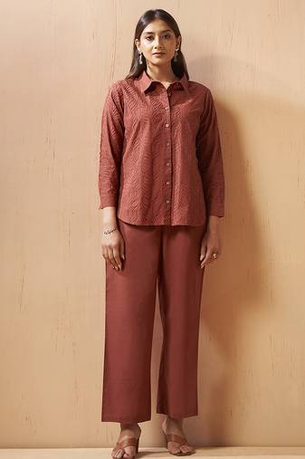 Rust embroidered cotton with cotton inner co-ord set