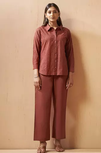 Rust embroidered cotton with cotton inner co-ord set