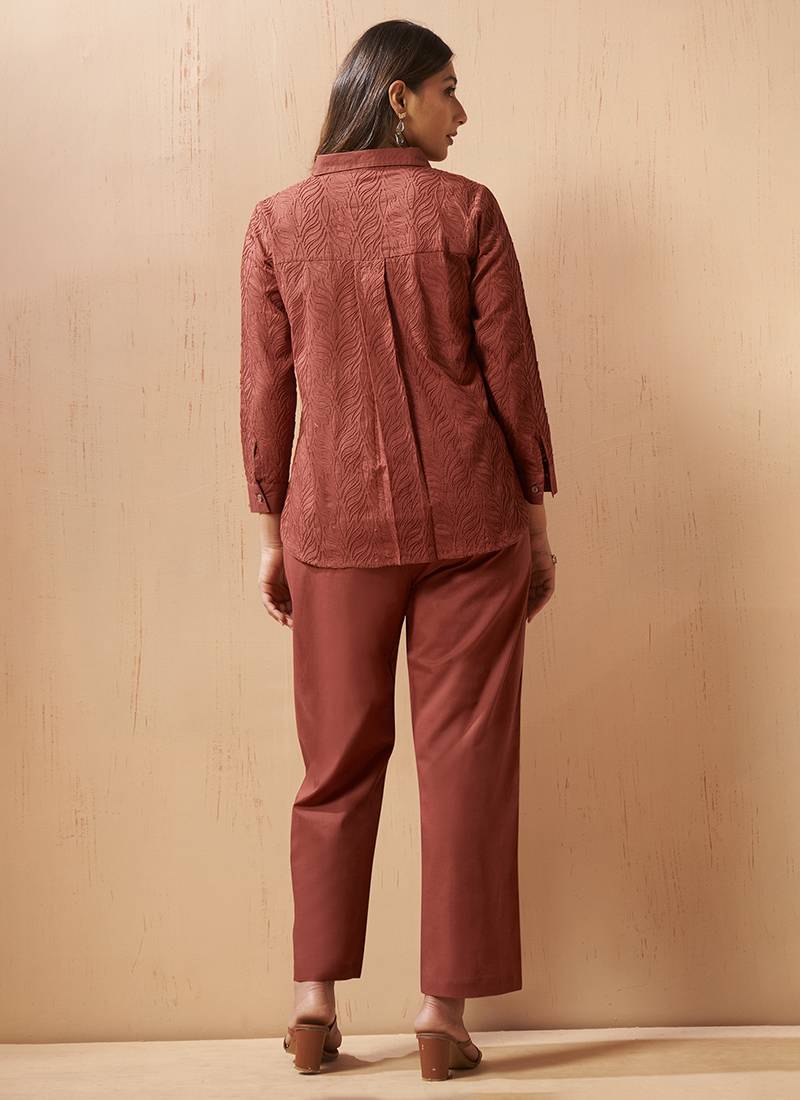 Rust embroidered cotton with cotton inner co-ord set