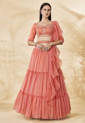 Stunning Coral Embroidered Lehenga Choli Set 5