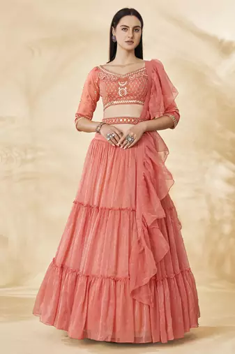Stunning Coral Embroidered Lehenga Choli Set