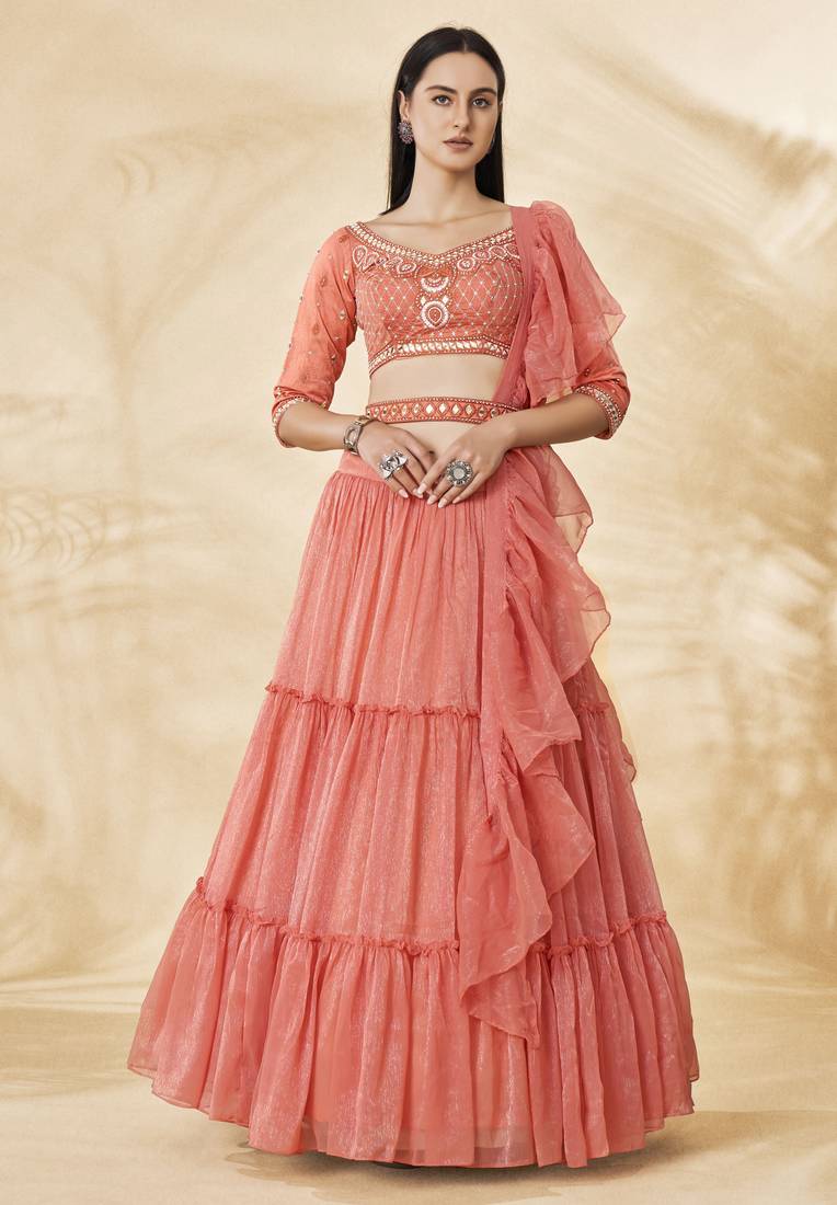 Stunning Coral Embroidered Lehenga Choli Set