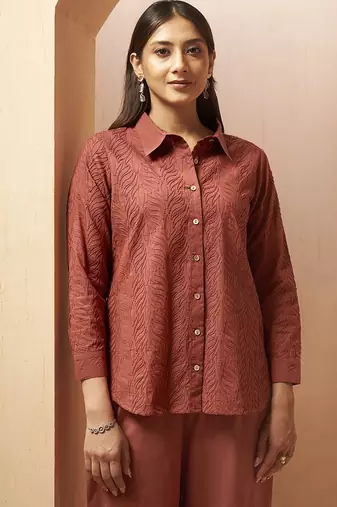 Rust embroidered cotton with cotton inner co-ord set