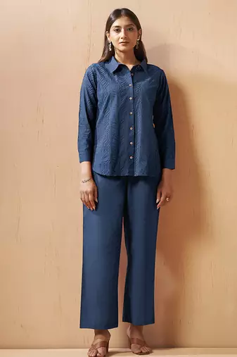 Navy blue embroidered cotton blend co-ord set