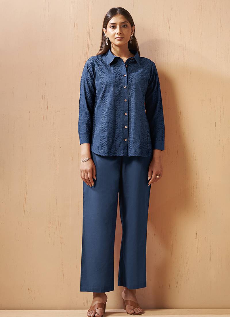 Navy blue embroidered cotton blend co-ord set