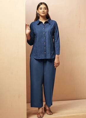Navy blue embroidered cotton blend co-ord set 3