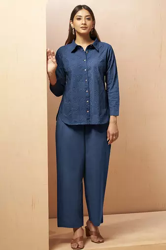 Navy blue embroidered cotton blend co-ord set