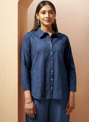 Navy blue embroidered cotton blend co-ord set 5