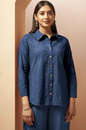 Navy blue embroidered cotton blend co-ord set