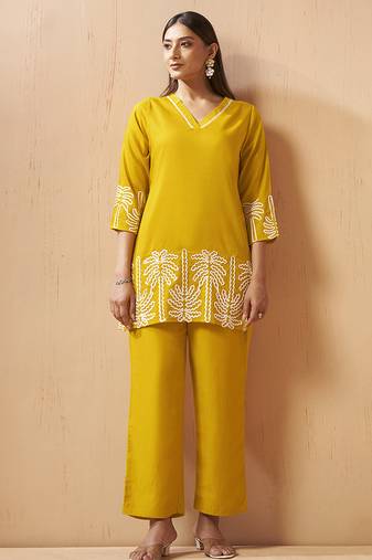 Mustard embroidered cotton blend co-ord set