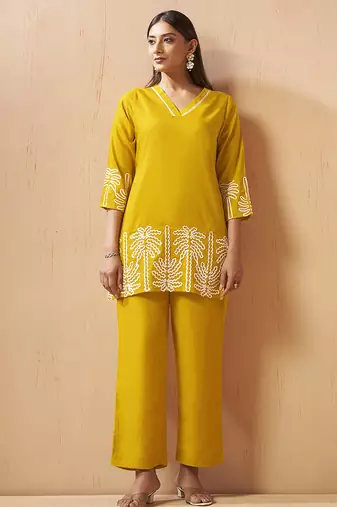 Mustard embroidered cotton blend co-ord set