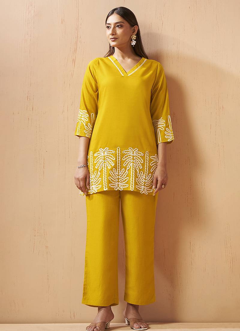 Mustard embroidered cotton blend co-ord set