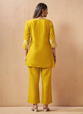 Mustard embroidered cotton blend co-ord set 2