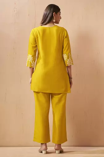 Mustard embroidered cotton blend co-ord set
