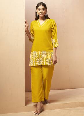 Mustard embroidered cotton blend co-ord set 3