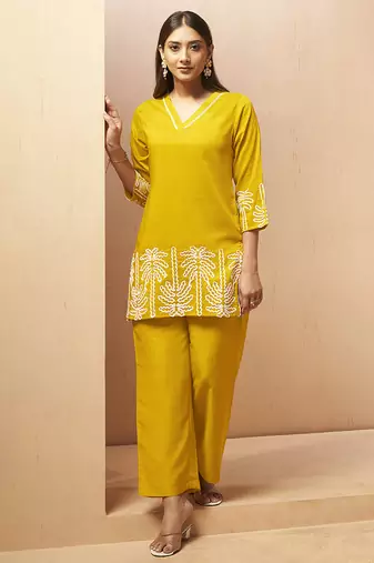 Mustard embroidered cotton blend co-ord set